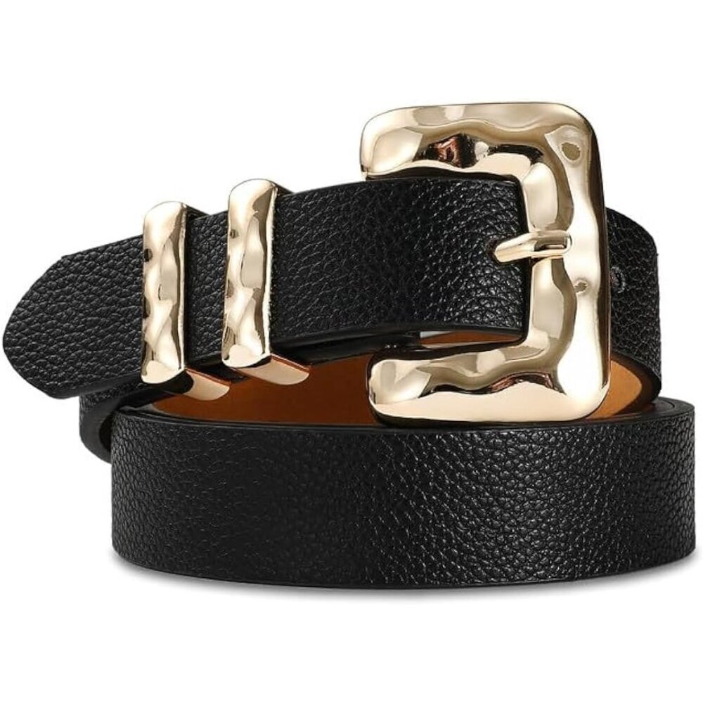 Women's Black Skinny Belt With Gold Square Buckle Casual Fashion Belts